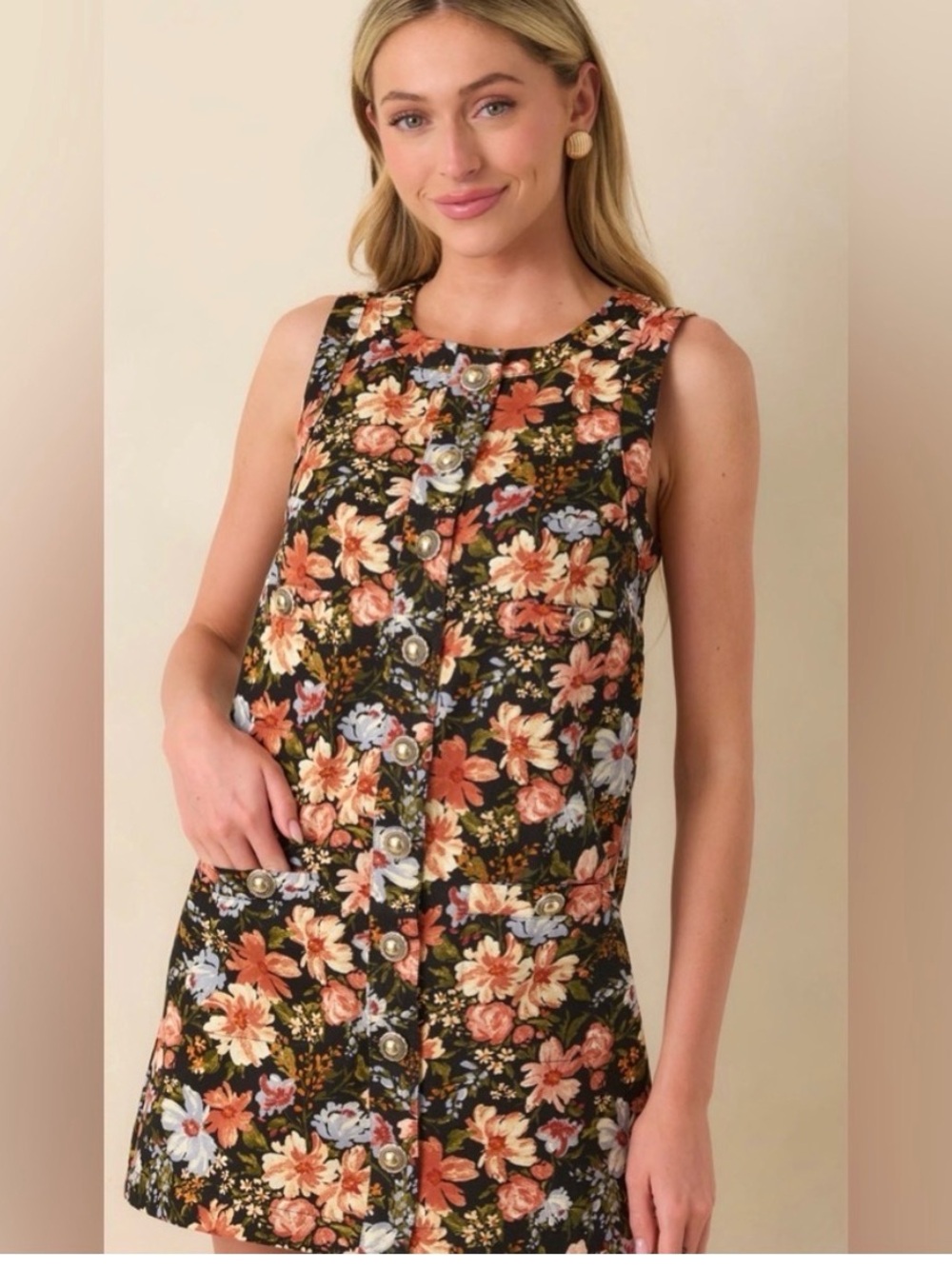 Olivaceous Sleeveless Black Floral Button-Front midi dress, Medium